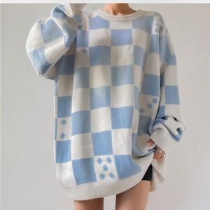 Urban Outfitters Blue and White Checkered Dice Long Sleeve Sweater